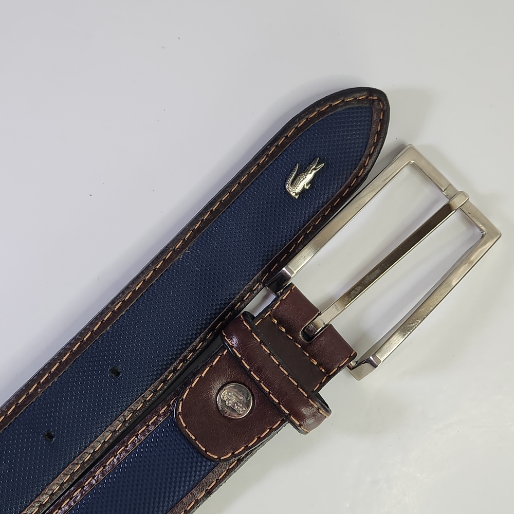 Lacoste Genuine Leather Belt. Men's Navy Blue and Brown Leather-Trim Belt